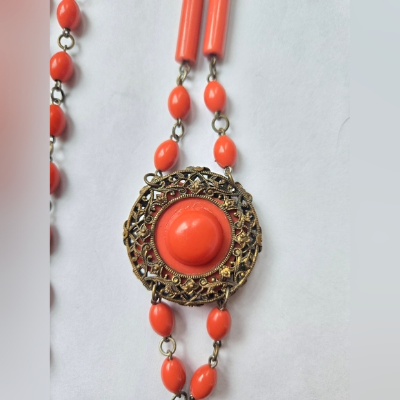 Antique Vintage 1920s Art Deco Coral Celluloid Flapper Necklace - Picture 5 of 9